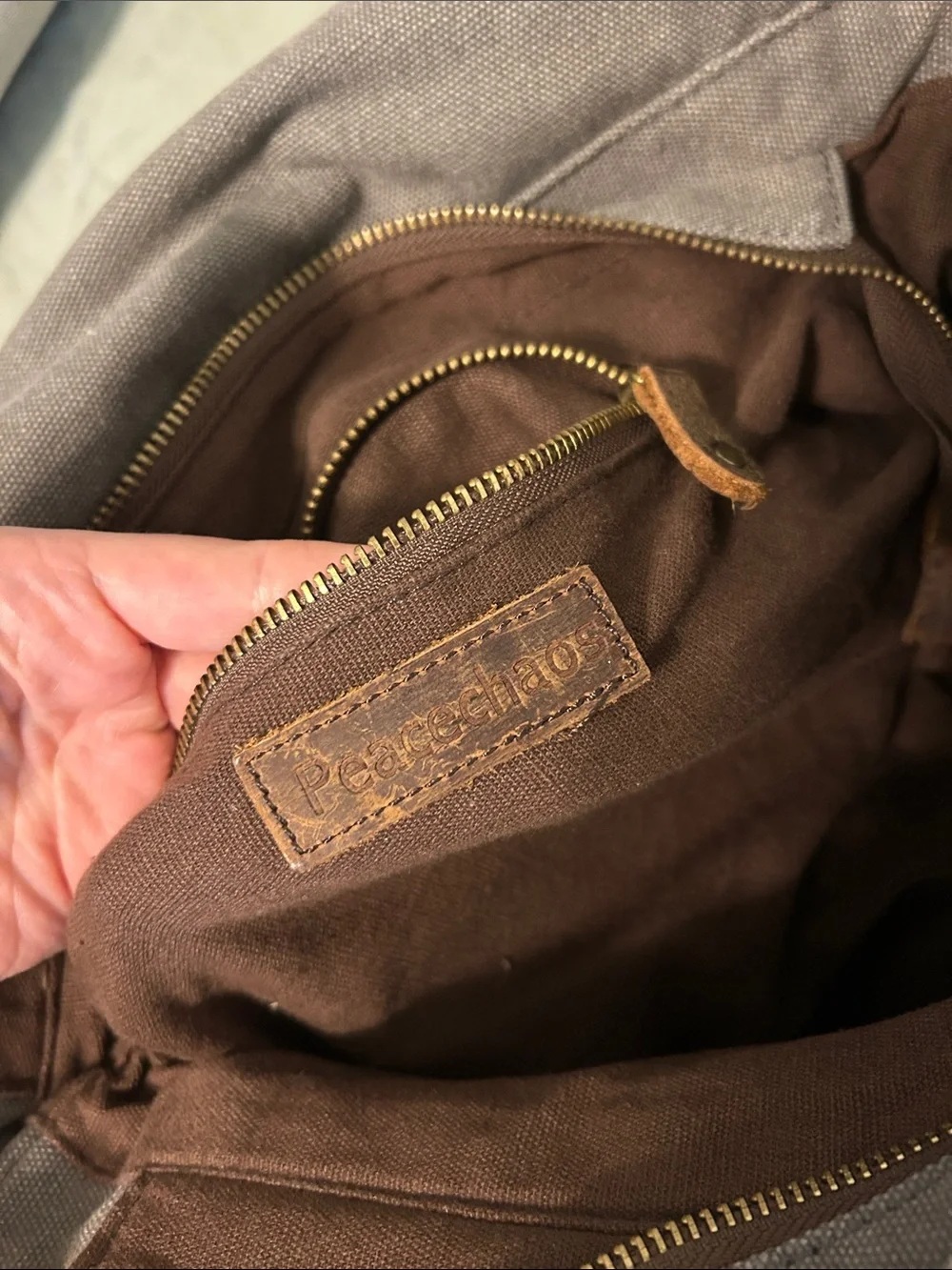 Peace Chaos Canvas Messenger Bag with Brown Leather Straps